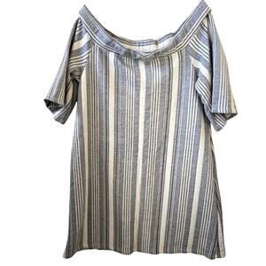 Zara Off The Shoulder Dress Small Blue White‎ Striped Cotton Stretch Chambray